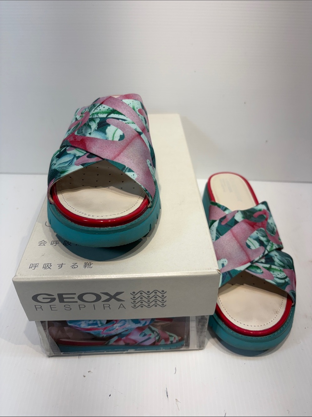 Geox Camotartan Floral Pink and Teal Cross-Band Slide Sandals - Size 8.5 (EU 39)
